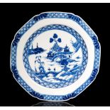 A late 18th Century Worcester blue and white octagonal plate decorated in The Two Men on a