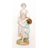 A large late 19th Century continental bisque figure of a lady stood holding a broken urn based upon