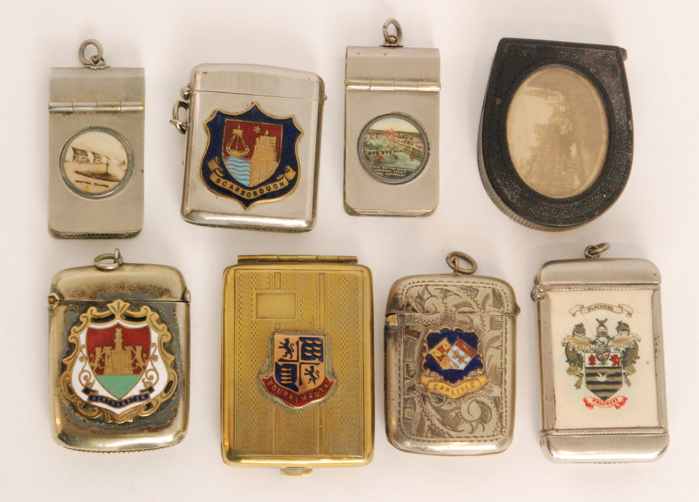 Eight assorted late 19th and early 20th Century vesta cases comprising five with enamel two crests