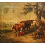 MANNER OF PAULUS POTTER - Milk maid with cows, oil on canvas, framed, 32cm x 35.