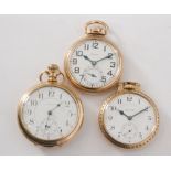 Three American gold plated open faced crown wind pocket watches to include a Waltham,