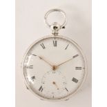 A hallmarked silver open faced key wind pocket watch with Roman numerals to a white enamelled dial,