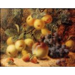 OLIVER CLARE (1853-1927) - Apples, grapes and a peach on a mossy bank, oil on board, signed, framed,