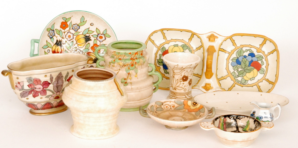 A collection of assorted 1930s and later Charlotte Rhead wares to include a Crown Ducal 5383 vase,