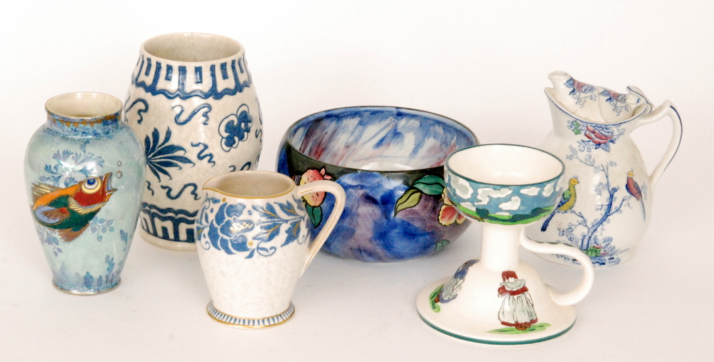 Six assorted 1920s and 1930s wares decorated in designs by Frederick and Charlotte Rhead to include