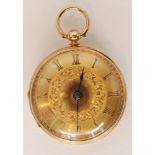 An 19th Century 18ct hallmarked open faced key wind pocket watch, Roman numerals to a gilt dial,