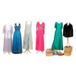 A collection of assorted vintage clothing and accessories to include a blue satin evening gown,