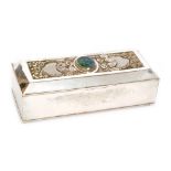 A silver plated Arts and Crafts rectangular box the hinged lid with central blue green enamel oval