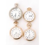 Three American gold plated open faced crown wind pocket watches to a Waltham and two Hamiltons with