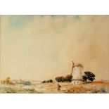 GEORGE GRAINGER SMITH (1892-1961) - A figure on a path by a windmill, watercolour, signed, framed,