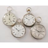 Four assorted hallmarked silver open open faced pocket watches to include a silvered dial Key wind