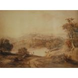 HENRY FIELDING (1781-1851) - An extensive landscape with distant house, sepia wash, framed,