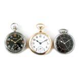 A Helvetia military issue chrome open faced pocket watch with a similar Hamilton example a further