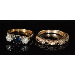 An 18ct hallmarked sapphire and diamond three stone ring, illusion and claw set stones, weight 2.