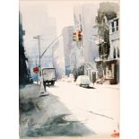 MODERN BRITISH SCHOOL - Sunlit city street scene, watercolour, framed,