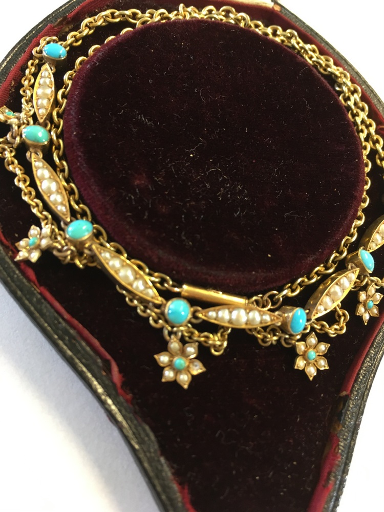 An Edwardian 9ct seed pearl and turquoise fringe necklace, - Image 5 of 5