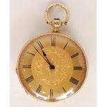 An 19th Century 18ct open faced key wind pocket watch, Roman numerals to a gilt dial,