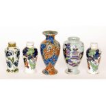 Five assorted early 20th Century vases each designed by Frederick Rhead comprising a two for