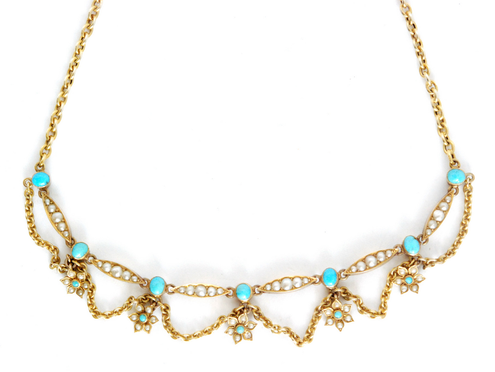 An Edwardian 9ct seed pearl and turquoise fringe necklace,