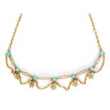 An Edwardian 9ct seed pearl and turquoise fringe necklace,