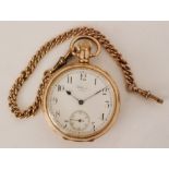 An early 20th Century gold plated open faced crown wind Waltham pocket watch suspended from a 9ct