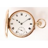 A 9ct hallmarked crown wind, half hunter pocket watch, Roman numerals to a white enamelled dial,