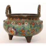 An early 20th Century Chinese cloisonne enamelled two handled censer with raised dot border