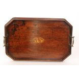 A 19th Century mahogany two handled serving tray inlaid with oval shell paterae,