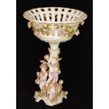 A late 19th Century Sitzendorf floral encrusted pedestal fruit basket with cherubs playing musical