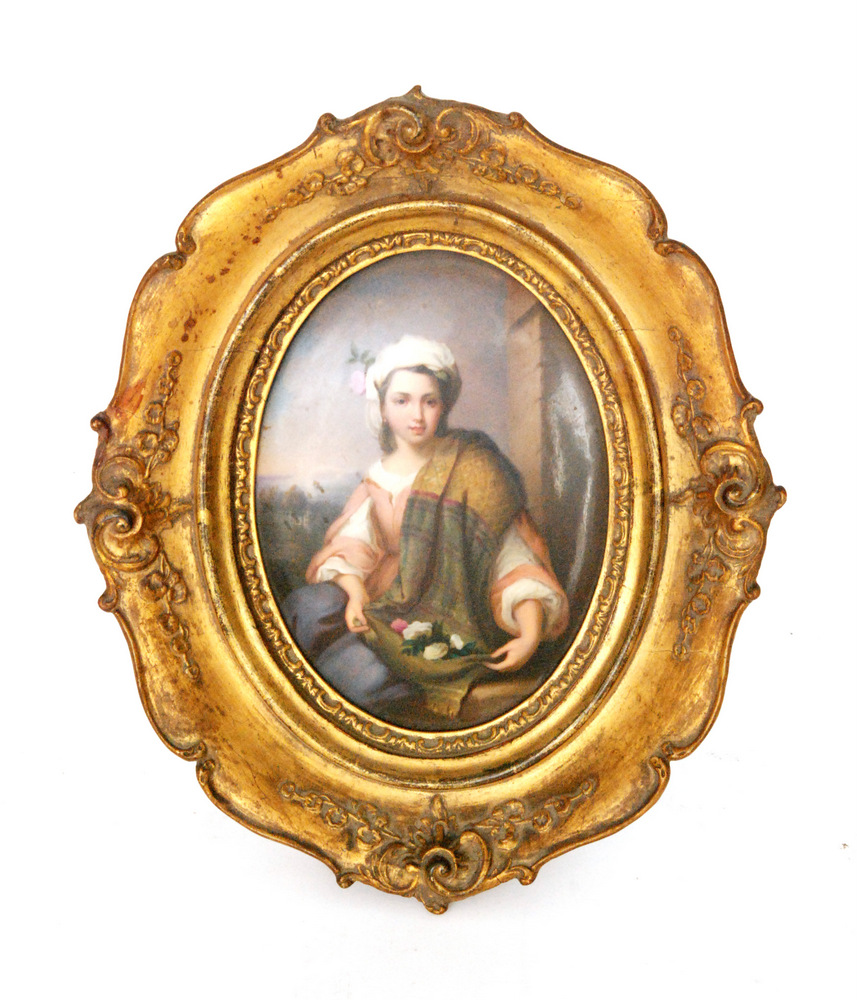 A late 19th Century KPM framed porcelain plaque painted after Murillo, The Flower Girl,