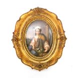 A late 19th Century KPM framed porcelain plaque painted after Murillo, The Flower Girl,