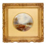 A framed Royal Worcester circular porcelain panel decorated by J.