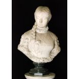 A late 19th Century French marble bust of Marguerite wearing a ruff and a cross with plaited hair,