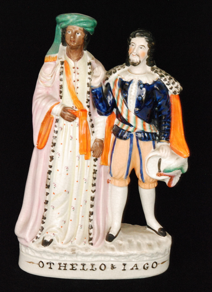 A 19th Century Staffordshire portrait figure of Othello and Iago, titled to the base,