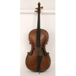 A late 19th Century German cello with scroll above bridge present but detached, length 123cm, A/F.