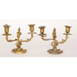 A pair of 19th Century rococo style gilt twin branch candelabras on scroll acanthus bases,