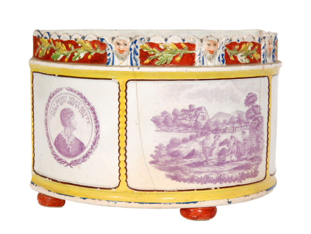 An early 19th Century pearlware semi-circular footed planter decorated with three mauve transfer - Image 2 of 3