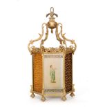 A 19th Century gilt metal framed hall lantern with coloured glass panels,