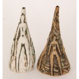 Unknown - Two contemporary studio pottery sculptures of conical form decorated with carved and