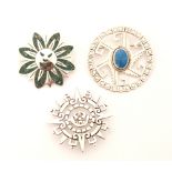 Unknown - Three various Mexican Aztec style silver pendant brooches, two with pierced decoration,
