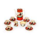 Clarice Cliff - Red Trees & House - A Tankard shape coffee service circa 1930 comprising coffee pot,