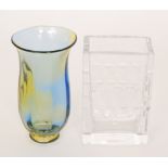 Goran Warff - Kosta - A footed glass vase with a flared fluted upper with internal yellow and blue