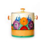 Clarice Cliff - Gayday - A Hereford shape biscuit barrel and cover circa 1930,