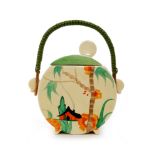 Clarice Cliff - Bamboo Cottage - A Bon Jour biscuit barrel circa 1936 hand painted with a stylised