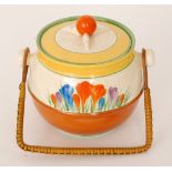 Clarice Cliff - Crocus - A shape 335 biscuit barrel circa 1930 hand painted with Crocus sprays with