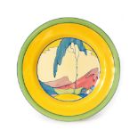 Clarice Cliff - Pastel Mountain - A large plate circa 1931 hand painted with a stylised tree,