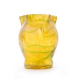 Kralik - An early 20th Century glass vase of swollen form below a crimped hexagonal rim,