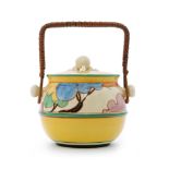 Clarice Cliff - Blue Autumn - A shape 335 biscuit barrel of ovoid form with finial mounted cover