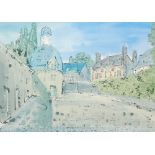 Alan Halliday (Contemporary) - A French village square, watercolour, signed, framed,