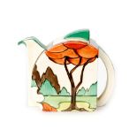Clarice Cliff - Limberlost - A Stamford shape teapot and cover circa 1932 hand painted with a